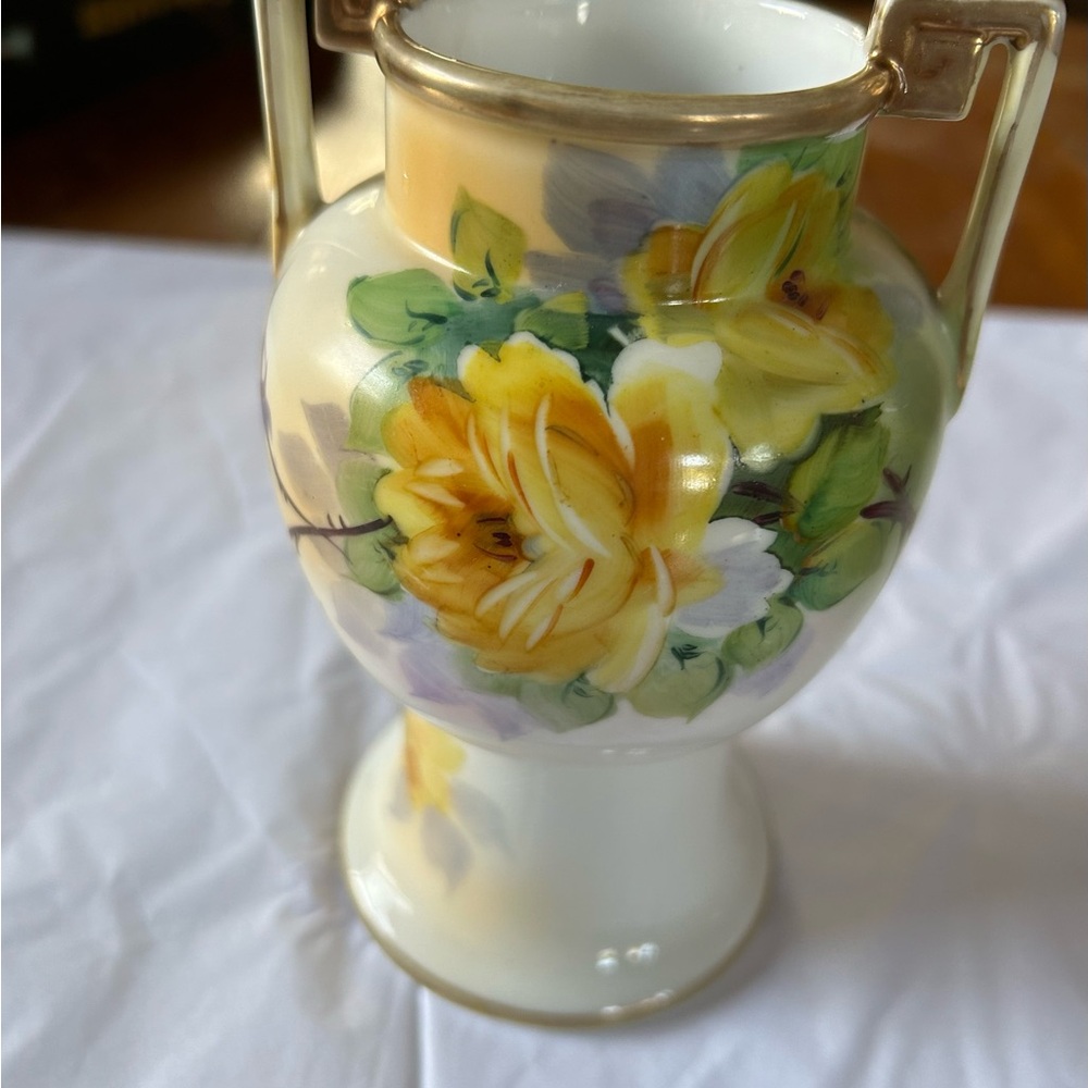 Vintage Nippon Hand-Painted Yellow Floral Porcelain Vase with Gold Accents